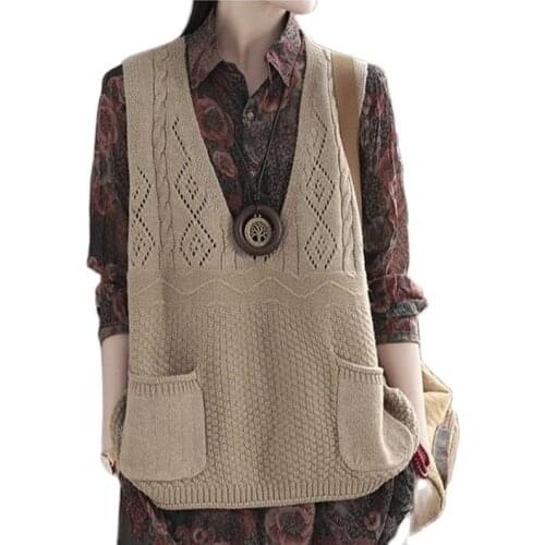 Women Loose V Collar Double Pocket Knitted Sweater Vest Argyle Bike Winter Sleeveless Tank Top