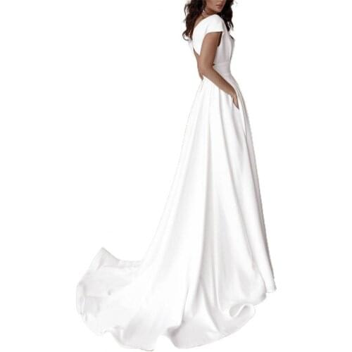 Women Fashion Sexy Elegant V-neck Party Dress White High Waist Side Split Floor-Length Dress With Pockets for Banquet Party