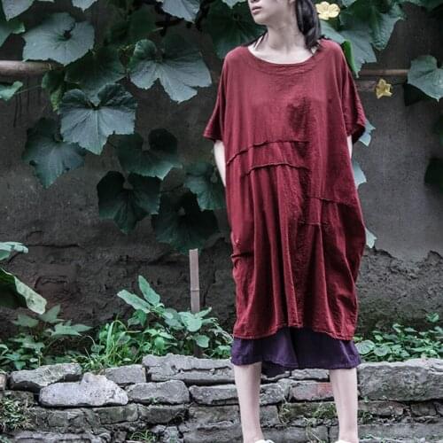Johnature Women Dress Fold Linen Robe 2021 Summer New Short Sleeve O-Neck Pullover Vintage Loose Casual Women Clothing Dresses