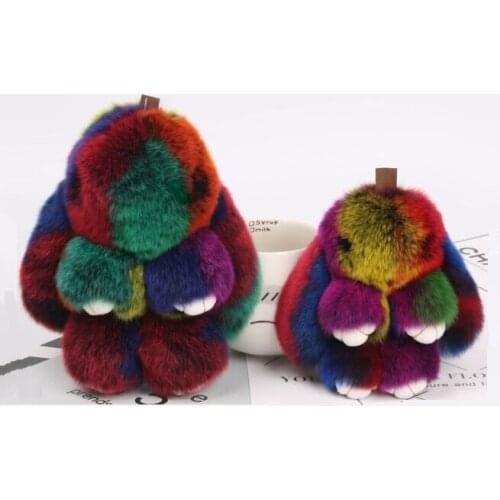 Winter Fluffy 14cm Real Rainbow Real Rabbit Fur Pom poms For Bag Decoration Fur Pompom Balls For Key Ring Chain Cute Pendant