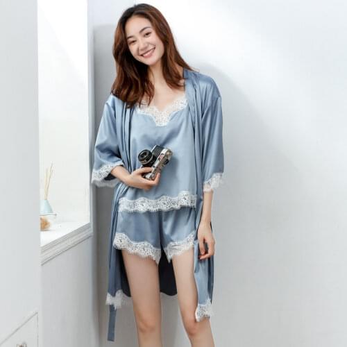 3PC Eyelash Lace Satin Robe & Camisole Shorts Set Spring Autumn Silk Robes for Women Sexy Bathrobe Women Silk Dressing Gown