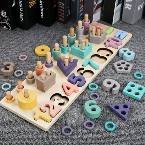 3 in 1 Wooden Digital Shape Matching Cognitive Jigsaw Logarithmic Plate Toys Building Blocks Kindergarten Teaching Aids