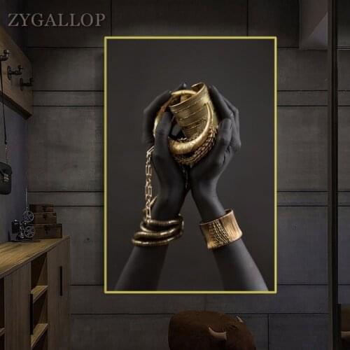 Black Womans Hand Print Canvas Painting Gold Jewelry Posters And Prints Cuadros African Wall Art Pictures Home Decoration Mural