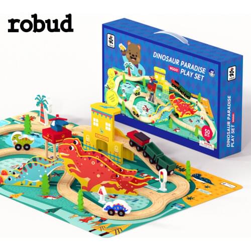 Dinosaur Wooden Train Set Educational Puzzle Toy Compatible Brand Wooden Track with Dinosaur Play Mat Toy Gift for Kids Toddlers