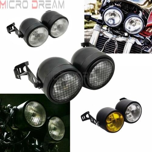 H4 Motorcycle Dominator Grill Twins Dual Headlight Streetfighter Double Headlamp w/Mount Bracket Custom for Harley Cafe Racer
