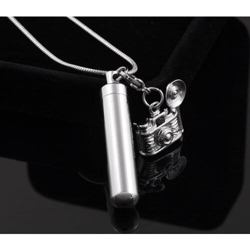IJD9863 Hot Sale Stainless Steel Blank Engravable Cylinder Cremation Pendant Necklace With Small camera Charm Keepsake For Ash
