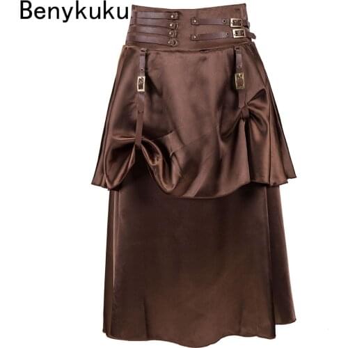 Brown Satin Hip-hop 2 Layers Long Burlesque Pirate Skirt Vintage Steampunk Skirts Womens Victorian Gothic Plus Size Clothing