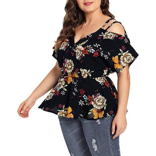 Summer Plus Size Womens V-Neck Flared Sleeves Printing Strapless Sling T-Shirt Tops Waist Repair Black Sexy Casual Home Dating
