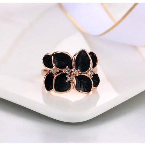MxGxFam Oil Drip Black Flower Rings Jewelry For Women Fashion Evening Dress Rose Gold Color