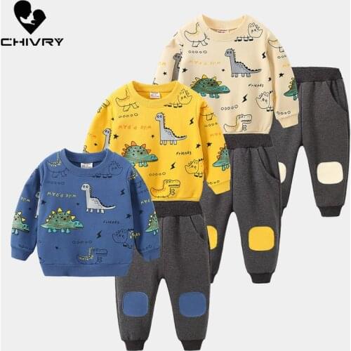New 2020 Kids Boys Autumn Winter Cartoon Dinosaur O-neck Pullover Hoodies Sweatshirt Tops with Long Pants Children Clothing Set