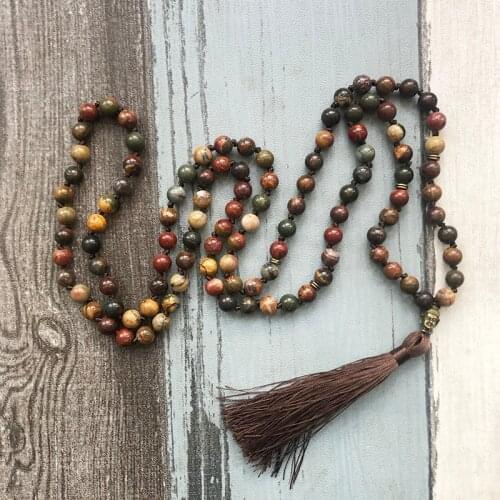 8mm Natural Stone Knotted Mala Necklace For Unisex 108 Beads Yoga Buddhist Jewelry Healing Stone Necklaces with Brown Tassel