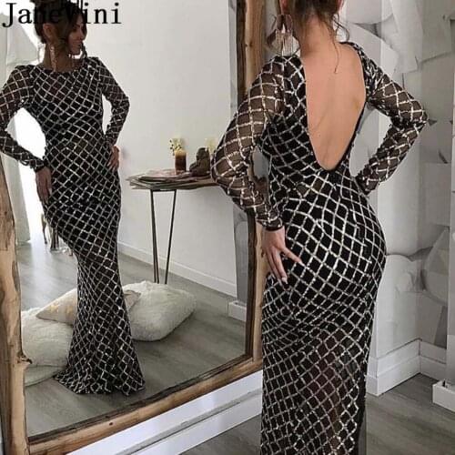 JaneVini Sparkly Sequin Arabic Dress Evening Gown Long Sleeve Mermaid Black Gold Ladies Mother of the Bride Dresses Lange Jurk