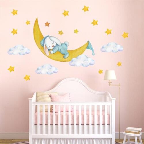 Cartoon Rabbits Sleeping on The Moon and Stars Wall Stickers for Kids Room Baby Room Decoration Bunny Wall Decals Room Interior