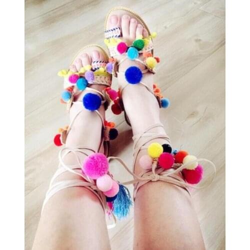 Women Flats Stones Pom Poms Strappy Sandals Multi Color Summer Gladiator Sandals Lace up Fringed Flats Sandals Summer Beach