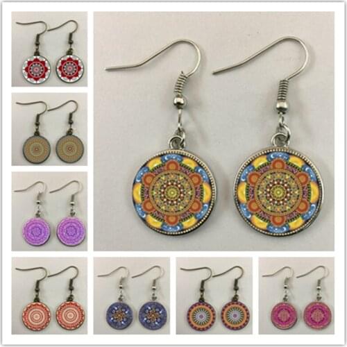 Flower of Life Tibetan Om Mandala Earrings Gray Om Jewelry Retro Buddhist Meditation Jewelry Glass Dome Pendant Earrings Gift