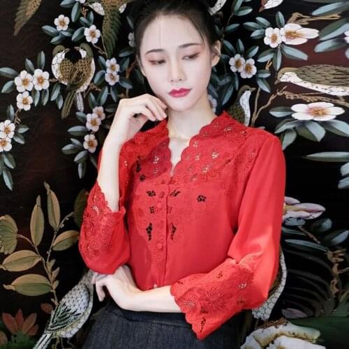 Silk Shirt Elegant Chinese Style V-Neck Hollow Out Embroidered Casual Bottoming Blouse Women Plus Size Top XL-6XL