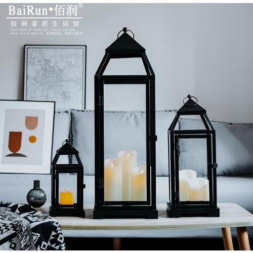 Outdoor Windproof Candle Holder Hanging Large Glass Stand Black Iron Candle Holder Rustic Nordic Moroccan Candlestick JJ60ZT