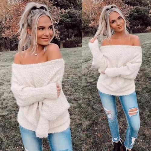 Sexy Off-shoulder Womens Sweater European Style Slash-neck Long Sleeve Plush Lantern Sleeve Pullover Sweater Cheap Wholesale