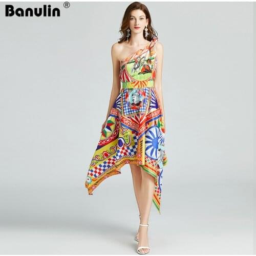 Summer Runway Oblique Shoulder Straps Irregular Dress Womens Bow One-Shoulder Sleeveless Vintage Print Beach Dress N7412