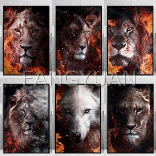 5D Fierce Animals In Fire DIY Diamond Painting Full Square/Round Diamond Embroidery Cross Stitch Mosaic Set Room Decoration