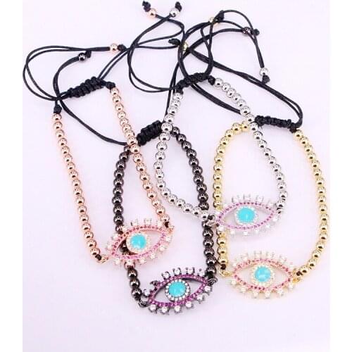 6PCS, Rope Bracelets 4mm Round Beads Micro Pave Zirconia Eye Braided Macrame Bracelets