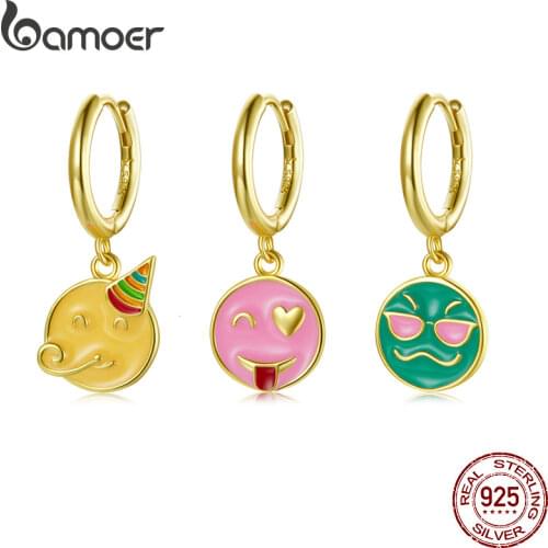 BAMOER 1Piece 925 Sterling Silver Enamel Emotion Round Hoop Earring Naughty Sunglasses Drop Earring DIY Fashion Jewelry SCE1204