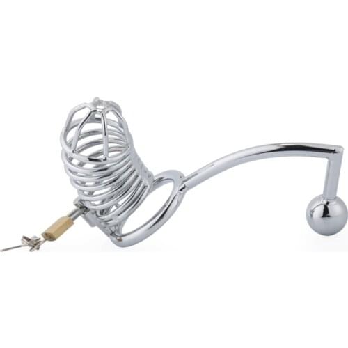 Male Chastity Belt Cage Stainless Steel Fetish Penis Cock Lock Cages Chastity Device with Anal Plug Sex Toys for 18+ Gay Sex