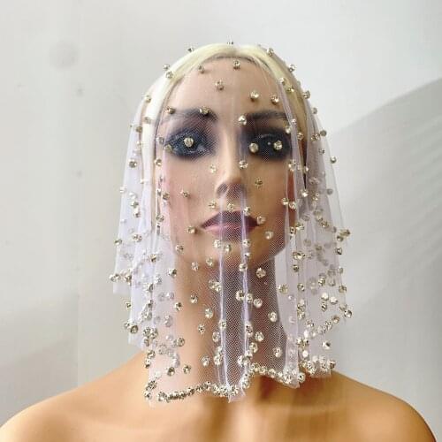 White Face Veil for Bridal Crystal Beaded Headwear Elegant Short Face Mask Hair Accessories Veils For Wedding Party