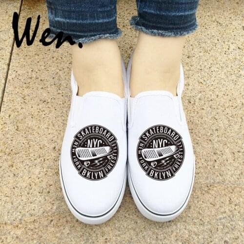 Wen White Slip On Sneakers Euramerican NY Skateboard Badge Original Design Black Canvas Shoes for Boys Girls Espadrilles Flat
