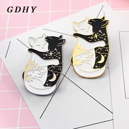 GDHY Hug Embrace Cat Brooches Cute Black White Cats Day And Night Sun And Moon Enamel Pins Badges For Lovers Best Friend Pins
