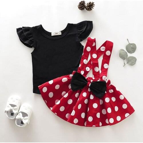 Kids Girls Clothing Sets 2020 summer Girls Clothes Set Solid color flying sleeve top + polka dot suspender skirt suit 2 pcs Suit