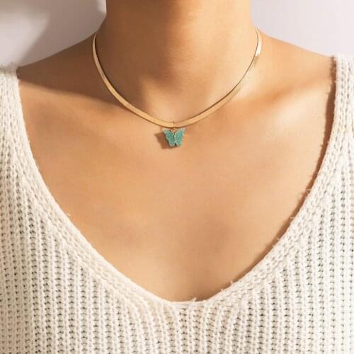 HuaTang Bohemian Shinny Butterfly Pendant Choker Necklace for Women Girls Gold Color Snake Clavicle Chain Charming Jewelry 18686