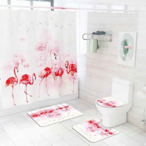 Flamingo Pattern Bathroom Mats Bath Rugs Set Non-Slip Soft Bath Mats Set Waterproof Shower Curtain Water Absorbing Bathroom Rug