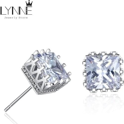 Hot Sale Fashion Luxury Silver Color Crown Pink Crystal Square Stud Earrings Gold Color Delicate CZ Ear Stud Women Jewelry Gift