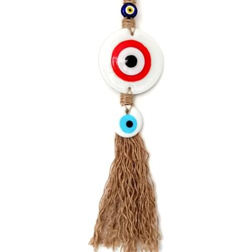 Handmade Wall Ornament With Red And Blue Evil Eye Beads On White Glass, Crochet Yarn Fringed