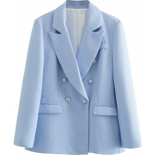 PUWD Casual Women V Neck Double Breasted Jacket 2021 Spring-autumn Fashion Ladies High Street Coat Female Textured Blazer