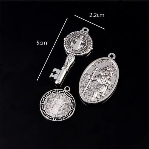 Religious amulet Saint St Benedict-Nursia motif medal, St. Christopher alloy pendant
