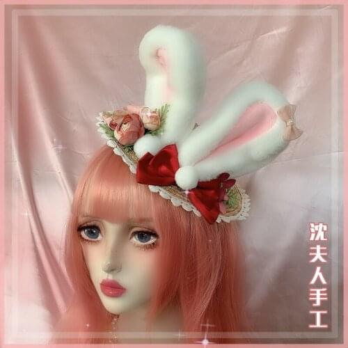 Handwork Sweet Lolita Pastoral style Cute Flower Plush Rabbit Ears knit Straw Hat lovely young girl Flat Top Cap Cos Accessories