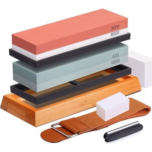 400/1000 3000/8000 Whetstone Knife Sharpener Grinder Sharpening Tools with Leather Strop Angle Holder Bamboo Base Flatting Stone