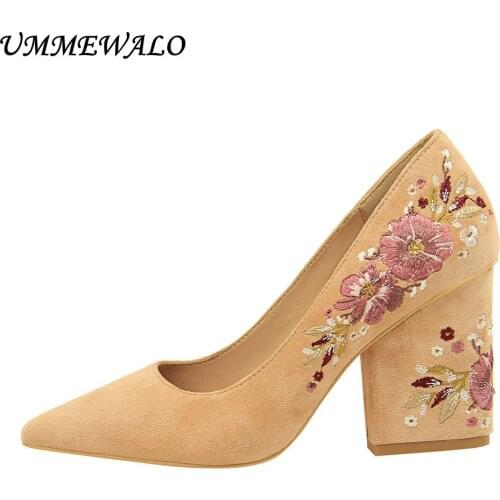 UMMEWALO High Heels Shoes Women Embroider Design Pointed Toe Pumps Women Super High Wedges Shoes Ladies Shoes New Arrival