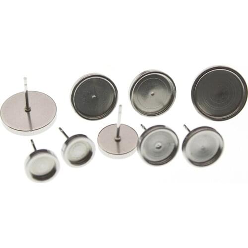 20pcs Stainless Steel Earring Findings Blank Post Earring Studs Pins Ear Base Settings 6 8 10 12 MM Cabochon DIY Jewelry Making