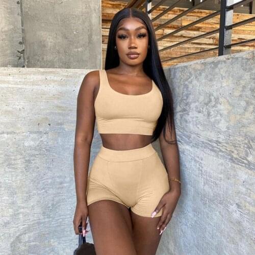 CHRONSTYLE Women Casual Tracksuits Fitness 2PCS Solid Sleeveless Vest Tops Elastic Waist Shorts Slim Summer Female Outfits 2021