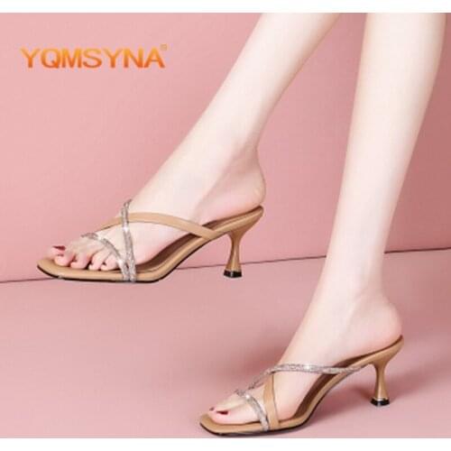 YQMSYNA Fashion Women Slippers Genuine Leather Elegant Outside Thin Heels Modern Slippers Summer Concise Convenient Shoes AS173