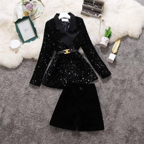 20 Autumn Two Piece Big Size Vintage Women Sequined Blazer + Gold Velvet Shorts Formal Suits Loose Lady Black Blazer Coat WZ1289