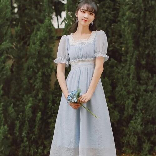 2021 Summer Dresses For Women Gentle Square Neck Romantic High Waist Chiffon Party Ladies Sweet Dress Vestidos Sukienki Damskie