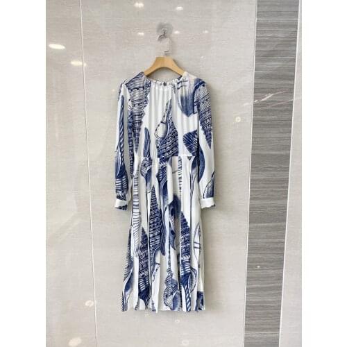 2021 new women fashion long sleeve round neck printed silk dress 0803