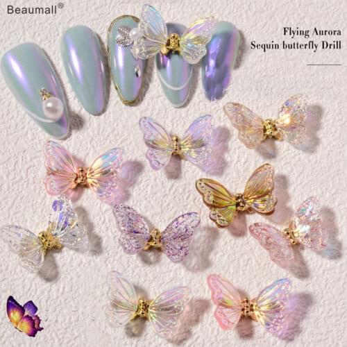 5PCS, 3d Nail Art Colorful Butterflys With Pearls For Nail Tips Decorations