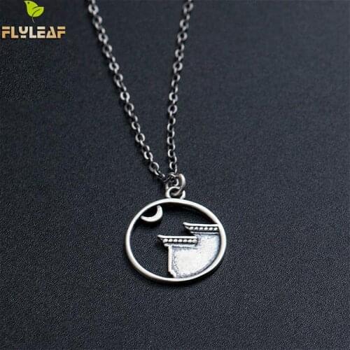 Flyleaf 100% 925 Sterling Silver Chinese Style House Round Moon Pendant Necklace For Women Handmade Fine Jewelry