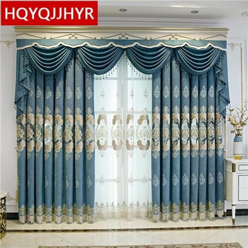 European blue embroidered villa living room curtains high quality elegant apartment bedroom hotel custom curtains