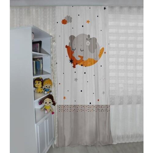 Gri çocuk odası perdesi fil,ay,yıldız,bulut çocuk perdesi